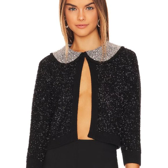 NWT Alice + Olivia Akira Textured Embellish Peter Pan Collar Cardigan Sw…